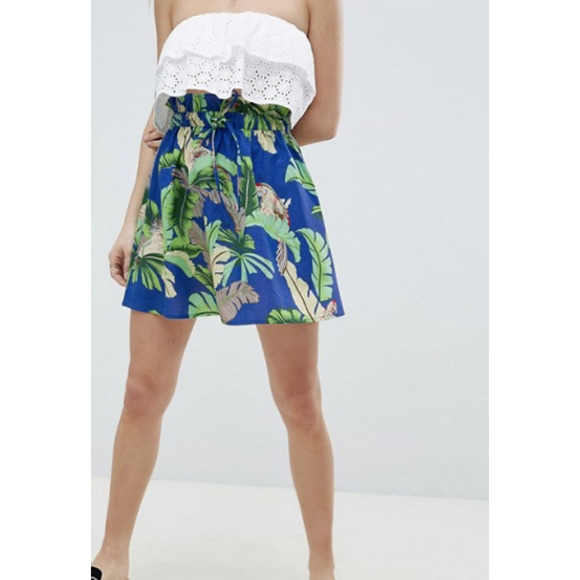 Asos Skirt 12 Tropical Parrot Paper Bag Tie Waist Skater Vacation Linen Blend - Picture 1 of 11